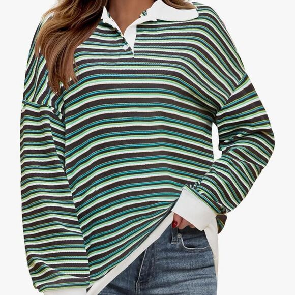NEW Women's Green & White Boxy Oversized Polo Jersey | Casual Retro Shirt M/L - Picture 1 of 1